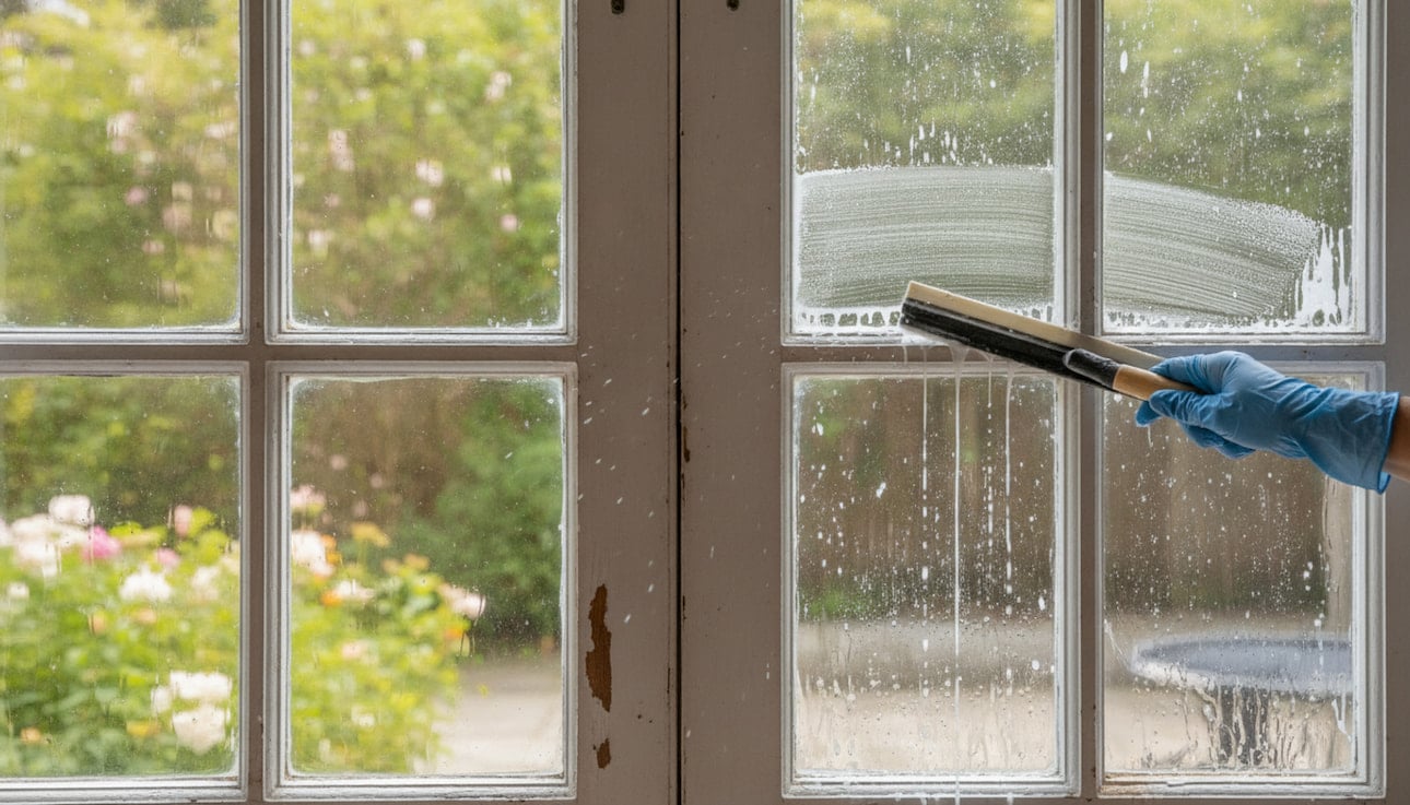 window-cleaning-cherry-hills-village-image Cleaning divided-pane French door glass at a Cherry Hills home