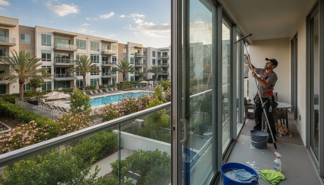 window-cleaning-dayton-triangle-image Balcony slider cleaning at an Aurora condo community