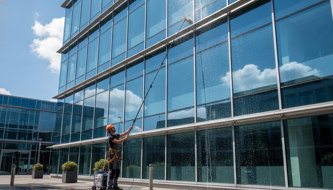 window-cleaning-denver-tech-center Water-fed pole window cleaning at a Denver Tech Center office building