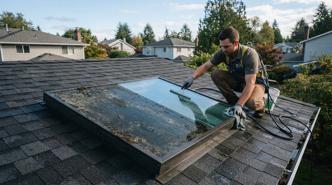 window-cleaning-hampden-image Skylight and heavy-soil window cleaning at a Hampden home
