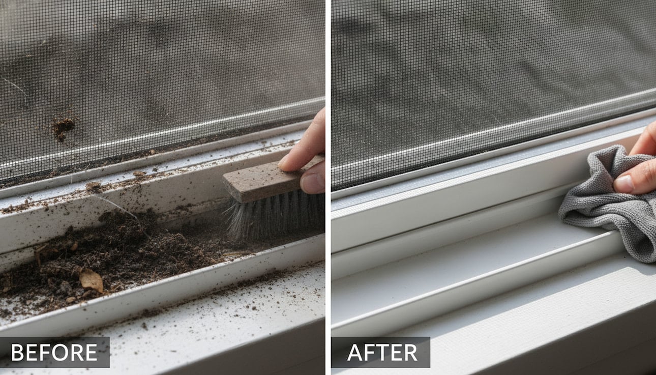 window-cleaning-university-hills-image : Cleaning window tracks and screens at a University Hills home